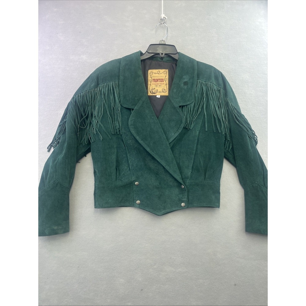 Frontier Collection Womens M Western Green Leather Suede Fringe Jacket USA Vtg - Picture 2 of 14